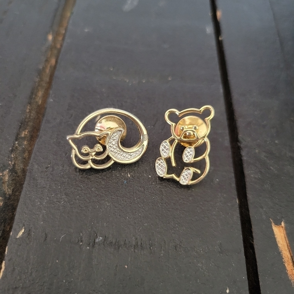 Avon Vintage Lot of 2 Gold Pins Bear Cat Animals 90s